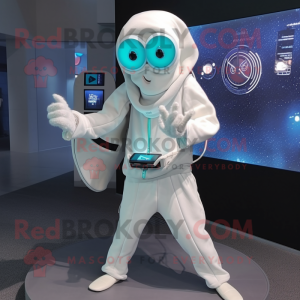 White Squid mascot costume character dressed with a Sweater and Digital watches
