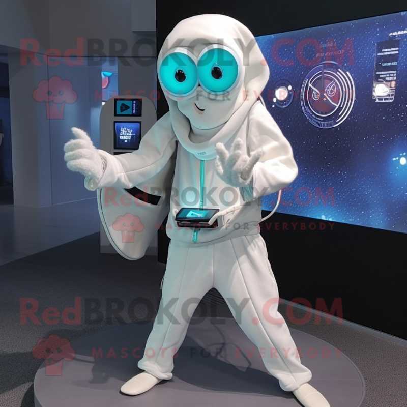 White Squid mascot costume character dressed with a Sweater and Digital watches White Squid mascot costume character dressed with a Sweater and Digital watches