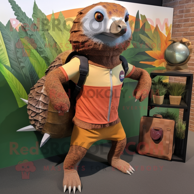 Rust Pangolin mascot costume character dressed with a Board Shorts and Messenger bags