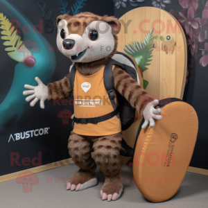 Rust Pangolin mascot costume character dressed with a Board Shorts and Messenger bags