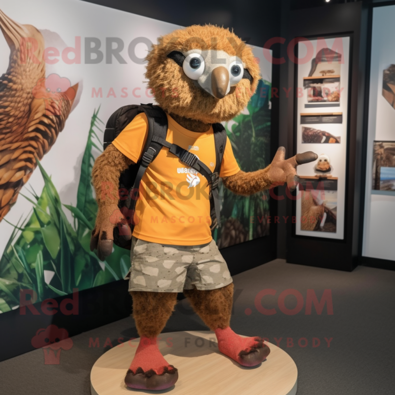 Rust Pangolin mascot costume character dressed with a Board Shorts and Messenger bags