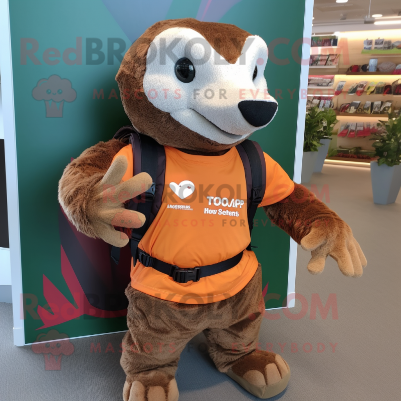 Rust Pangolin mascot costume character dressed with a Board Shorts and Messenger bags