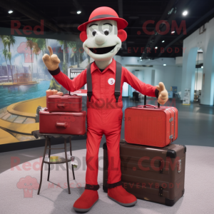 Red Stilt Walker mascot costume character dressed with a Cargo Pants and Briefcases