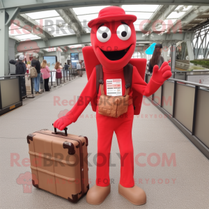 Red Stilt Walker mascot costume character dressed with a Cargo Pants and Briefcases