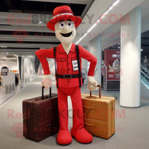 Red Stilt Walker mascot costume character dressed with a Cargo Pants and Briefcases