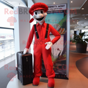 Red Stilt Walker mascot costume character dressed with a Cargo Pants and Briefcases