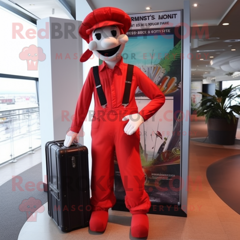Red Stilt Walker mascot costume character dressed with a Cargo Pants and Briefcases Red Stilt Walker mascot costume character dressed with a Cargo Pants and Briefcases