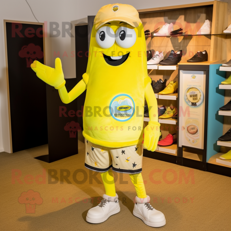 Lemon Yellow Pizza mascot costume character dressed with a Bermuda Shorts and Shoe laces