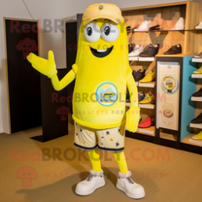 Lemon Yellow Pizza mascot costume character dressed with a Bermuda Shorts and Shoe laces