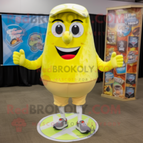 Lemon Yellow Pizza mascot costume character dressed with a Bermuda Shorts and Shoe laces