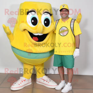 Lemon Yellow Pizza mascot costume character dressed with a Bermuda Shorts and Shoe laces