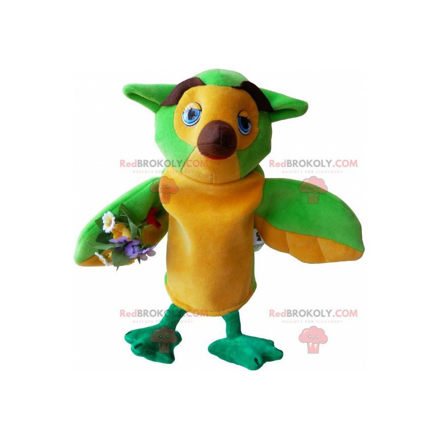 Mascotte de hibou vert jaune et marron très rigolo -