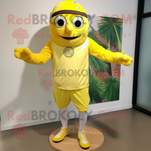 Lemon Yellow Pizza mascot costume character dressed with a Bermuda Shorts and Shoe laces