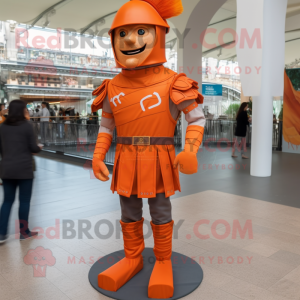 Orange Roman Soldier mascot costume character dressed with a Skinny Jeans and Shoe laces