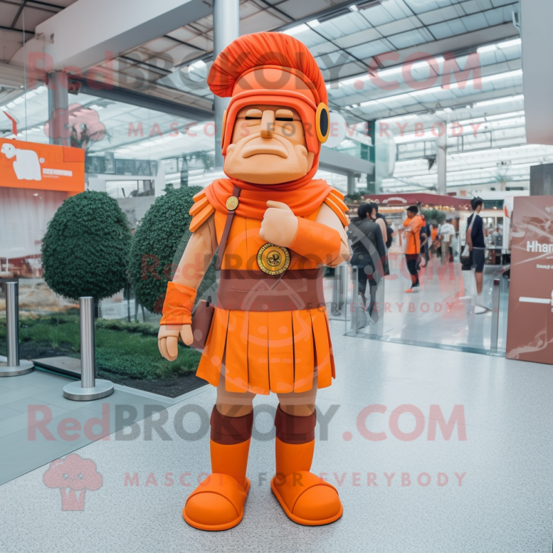 Orange Roman Soldier mascot costume character dressed with a Skinny Jeans and Shoe laces