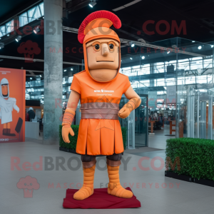 Orange Roman Soldier mascot costume character dressed with a Skinny Jeans and Shoe laces