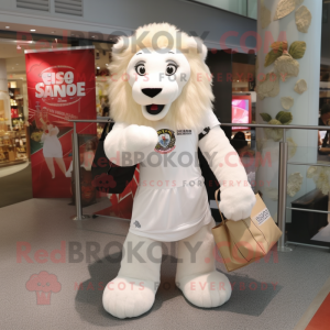 White Tamer Lion mascot costume character dressed with a Mini Skirt and Tote bags