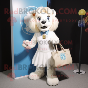 White Tamer Lion mascot costume character dressed with a Mini Skirt and Tote bags