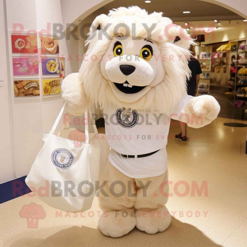 White Tamer Lion mascot costume character dressed with a Mini Skirt and Tote bags