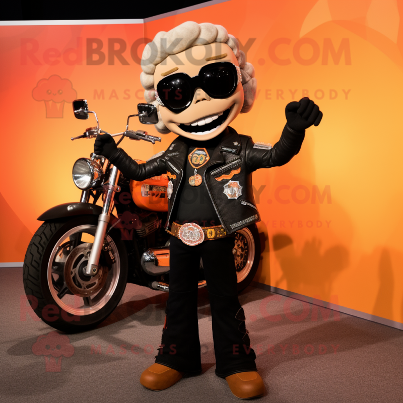 nan Enchiladas mascot costume character dressed with a Moto Jacket and Necklaces nan Enchiladas mascot costume character dressed with a Moto Jacket and Necklaces