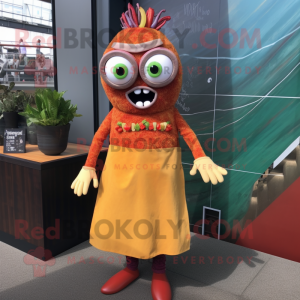 Rust Ceviche mascot costume character dressed with a Midi Dress and Eyeglasses