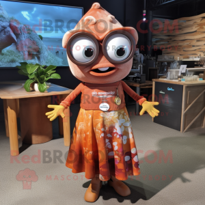 Rust Ceviche mascot costume character dressed with a Midi Dress and Eyeglasses