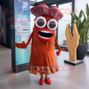 Rust Ceviche mascot costume character dressed with a Midi Dress and Eyeglasses