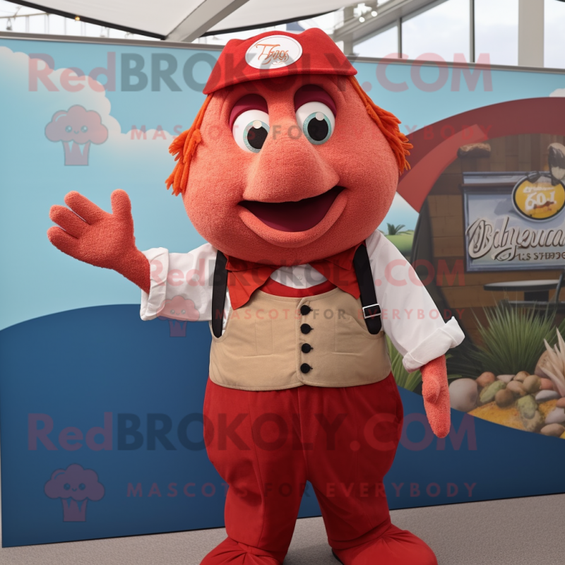 Red Fish And Chips mascot costume character dressed with a Waistcoat and Suspenders