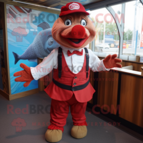 Red Fish And Chips mascot costume character dressed with a Waistcoat and Suspenders