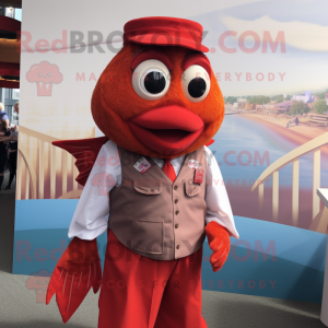 Red Fish And Chips mascot costume character dressed with a Waistcoat and Suspenders