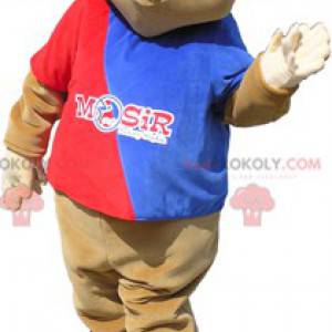 Mascotte castoro marrone con un vestito rosso e blu -