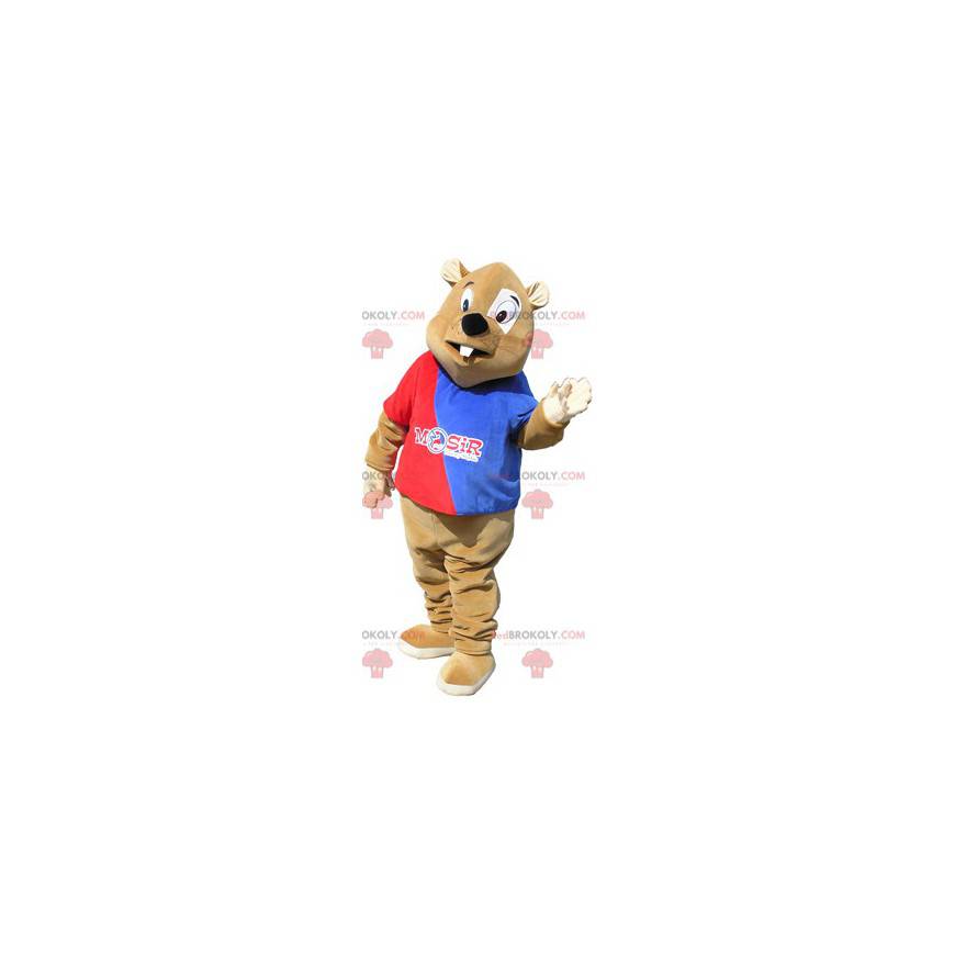 Brown beaver mascot with a red and blue outfit - Redbrokoly.com