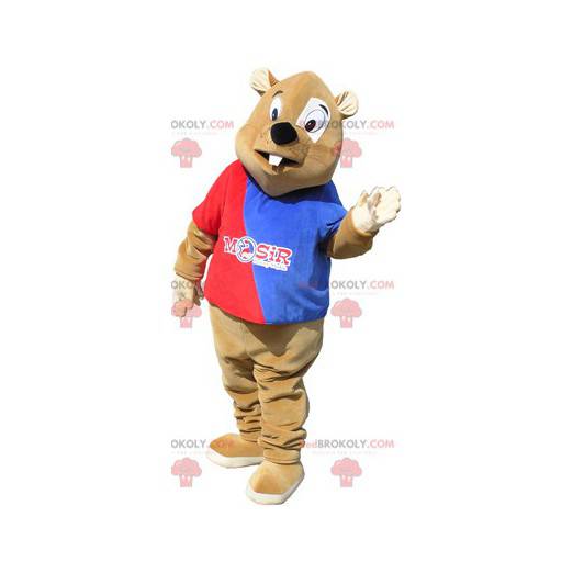 Mascotte de castor marron avec une tenue rouge et bleue -