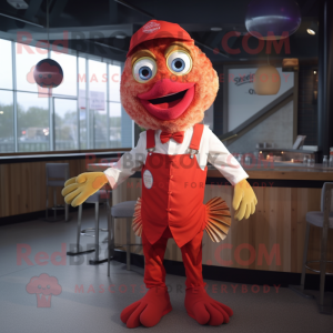 Red Fish And Chips mascot costume character dressed with a Waistcoat and Suspenders