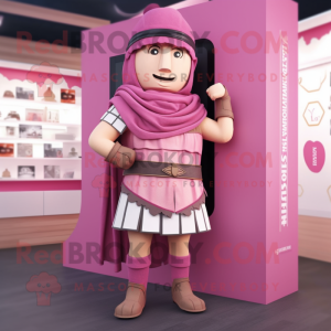 Pink Roman Soldier mascot costume character dressed with a Cardigan and Wraps