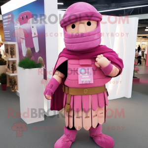Pink Roman Soldier mascot costume character dressed with a Cardigan and Wraps