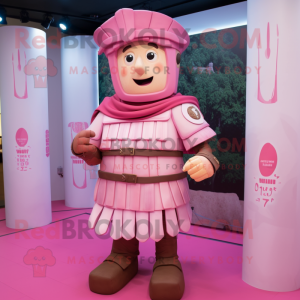 Pink Roman Soldier mascot costume character dressed with a Cardigan and Wraps