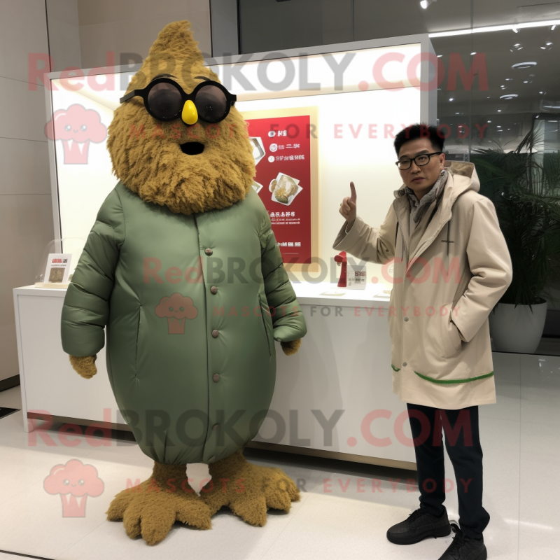 Olive Fried Chicken mascot costume character dressed with a Parka and Eyeglasses Olive Fried Chicken mascot costume character dressed with a Parka and Eyeglasses