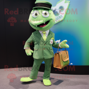 Green Cod mascot costume character dressed with a Blazer and Coin purses