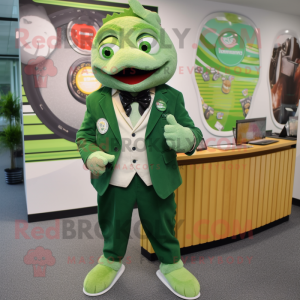 Green Cod mascot costume character dressed with a Blazer and Coin purses