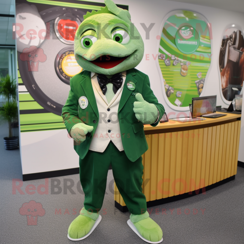 Green Cod mascot costume character dressed with a Blazer and Coin purses Green Cod mascot costume character dressed with a Blazer and Coin purses