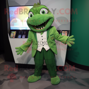 Green Cod mascot costume character dressed with a Blazer and Coin purses