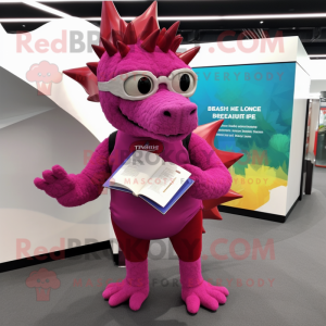 Magenta Stegosaurus mascot costume character dressed with a Chinos and Reading glasses