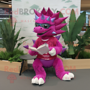 Magenta Stegosaurus mascot costume character dressed with a Chinos and Reading glasses