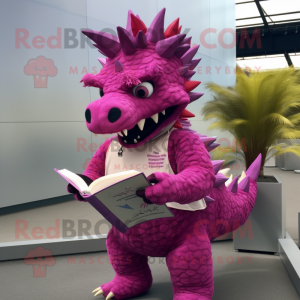 Magenta Stegosaurus mascot costume character dressed with a Chinos and Reading glasses