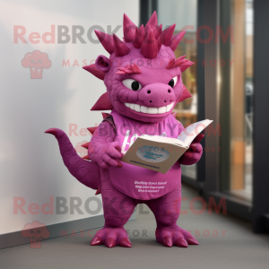 Magenta Stegosaurus mascot costume character dressed with a Chinos and Reading glasses