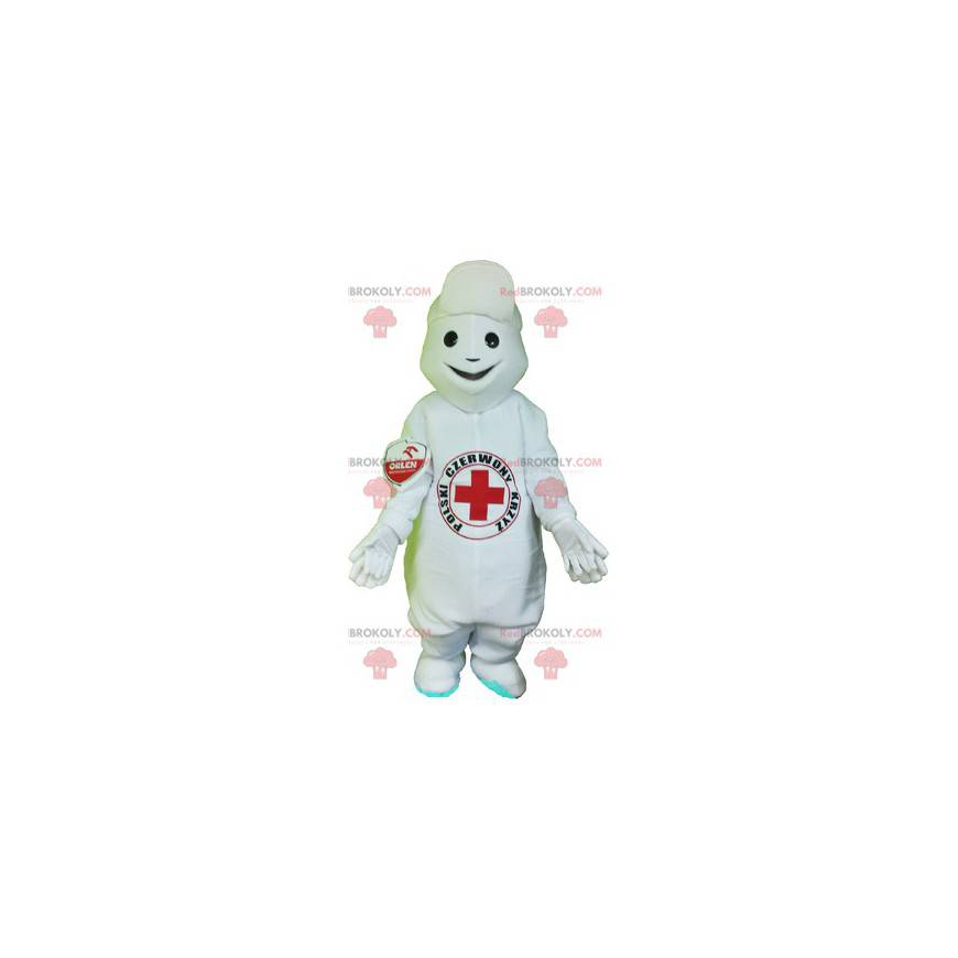 White snowman mascot with a red cross on his stomach -
