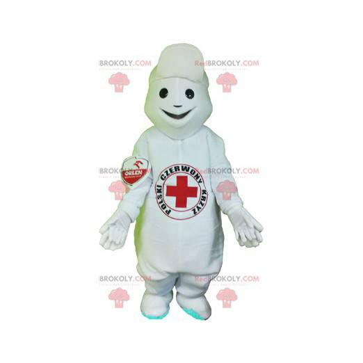 White snowman mascot with a red cross on his stomach -