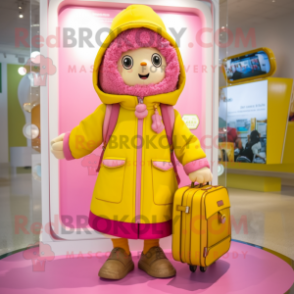 Yellow Pink mascot costume character dressed with a Parka and Handbags