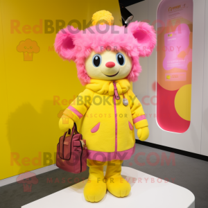 Yellow Pink mascot costume character dressed with a Parka and Handbags
